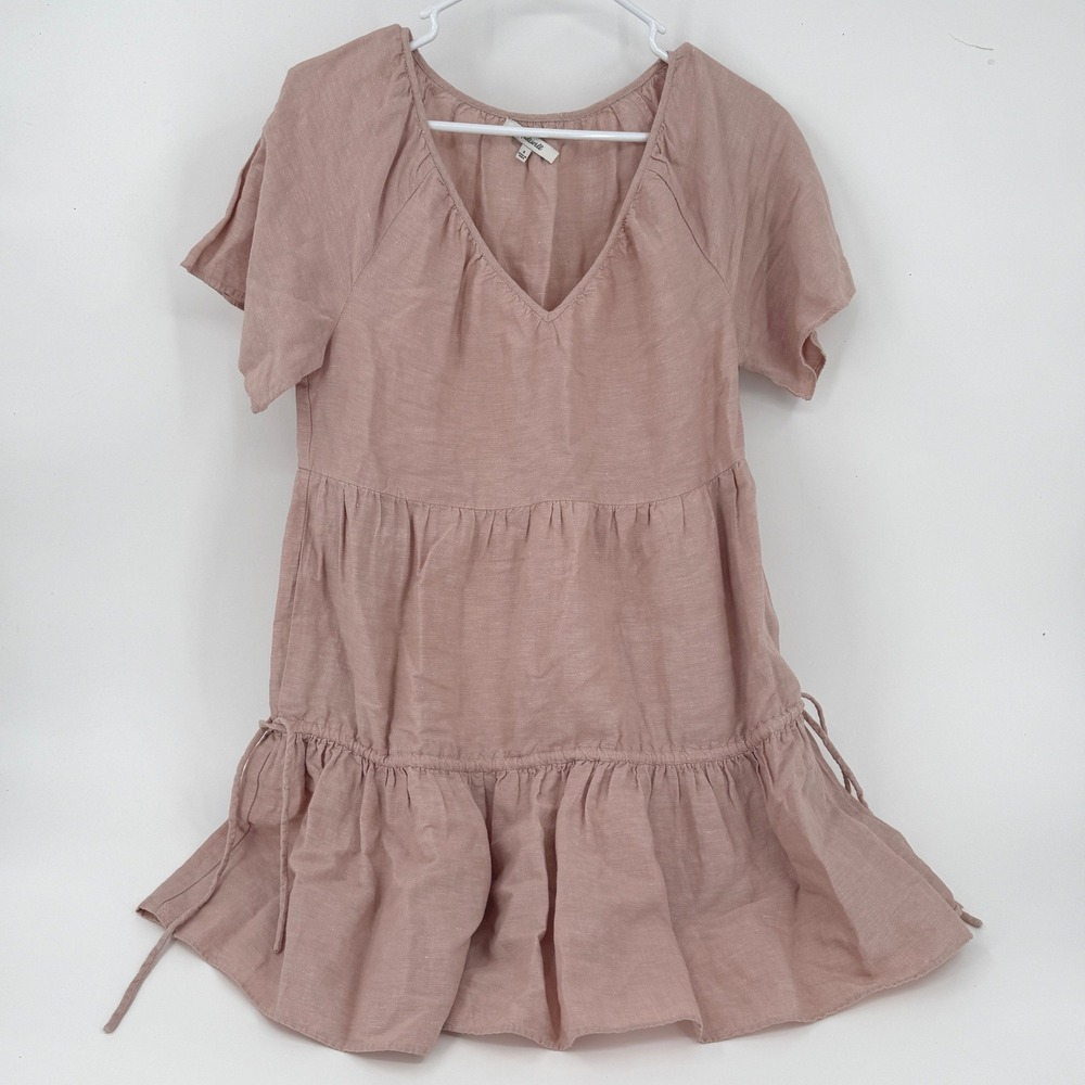 Madewell‎ Womens Linen Blend Tiered V-Neck Mini Dress Dusty Rose Pink Small